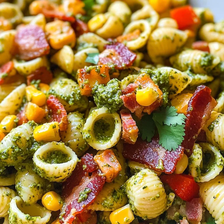 Corn Pasta Salad with Turkey Bacon and Creamy Pesto Dressing