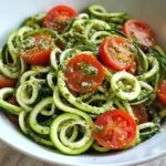 Raw Spiralized Zucchini Noodles with Tomatoes and Pesto