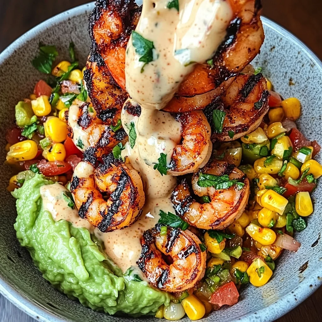 Grilled Shrimp Bowl with Avocado, Corn Salsa & Creamy Sauce