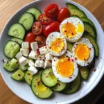 Avocado & Soft-Boiled Egg Breakfast Plate with Feta, Olives & Veggies