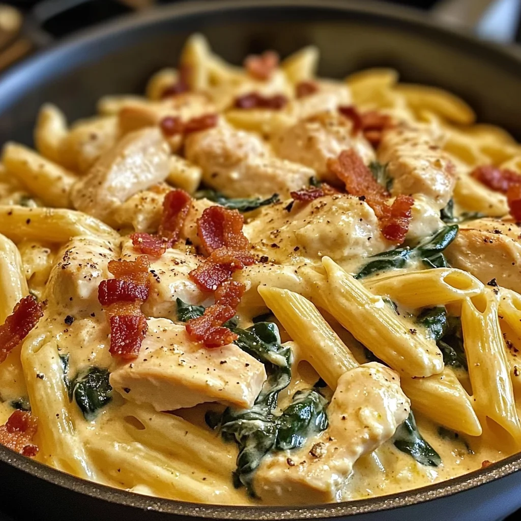 Creamy Chicken Pasta with Spinach, Bacon, and Cheese