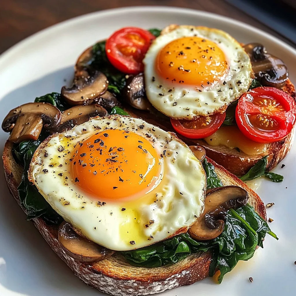 Creamy Tomato & Mushroom Toast Plate with Jammy Eggs & Spinach