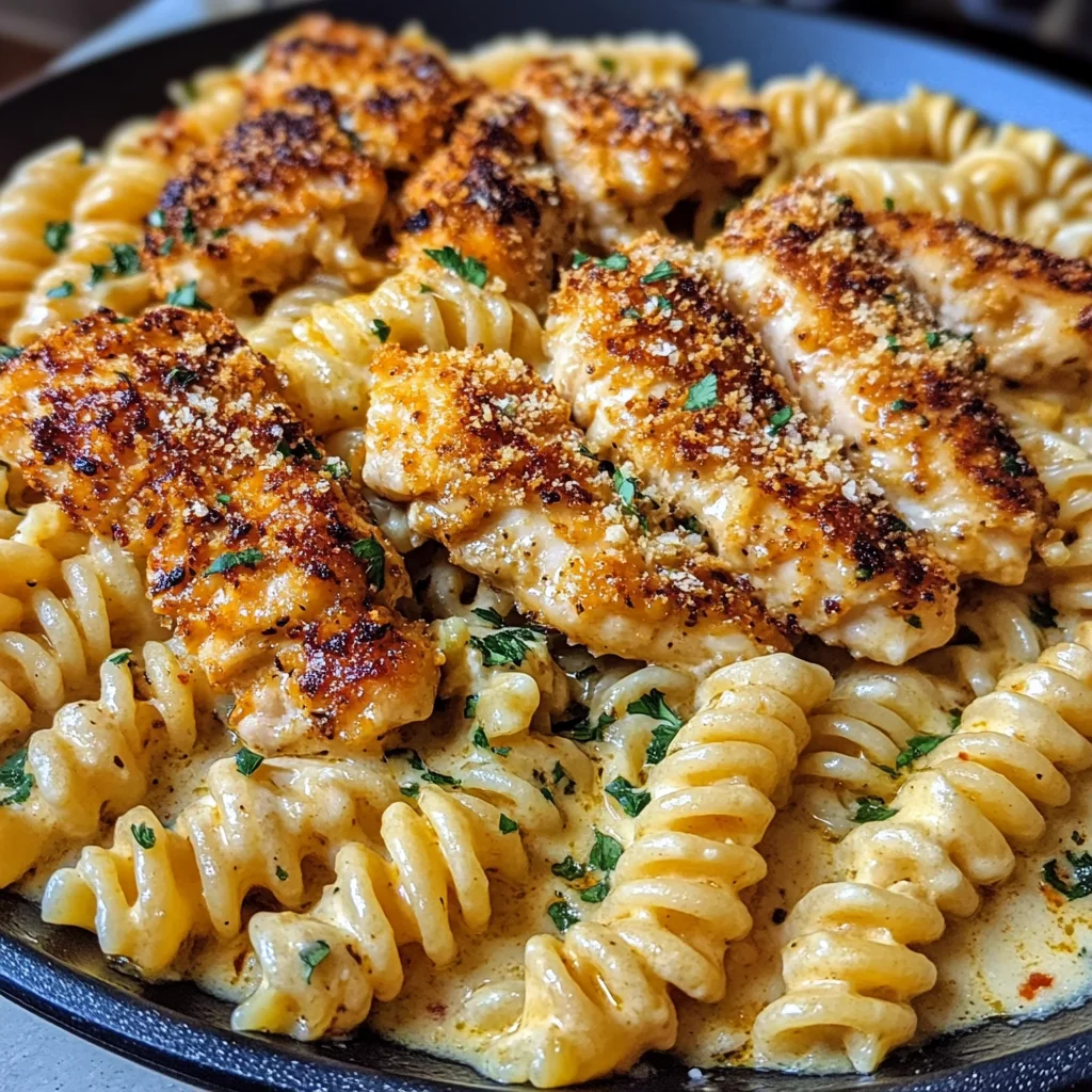 Garlic Parmesan Chicken Twisted Pasta in Spicy Three-Cheese Cajun Sauce