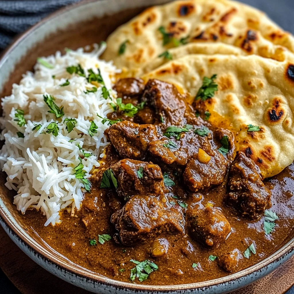 Slow-Cooked Beef Curry with Buttery Garlic Naan