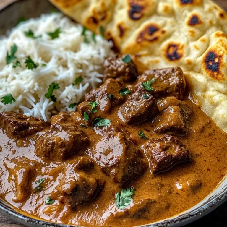 Slow-Cooked Beef Curry with Creamy Coconut Sauce & Garlic Naan