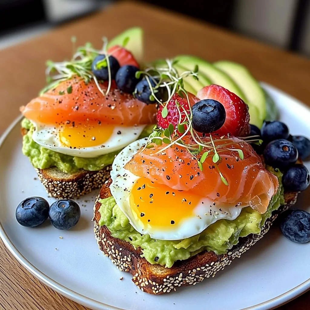 Smoked Salmon & Egg Avocado Toast Plate with Fresh Fruit & Tea