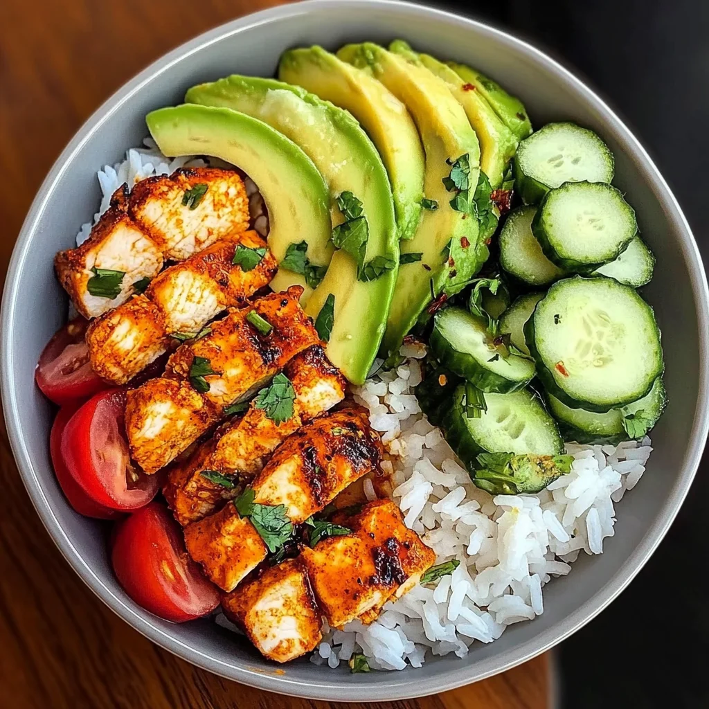 Spicy Chicken Rice Bowl with Avocado & Cucumber Salad