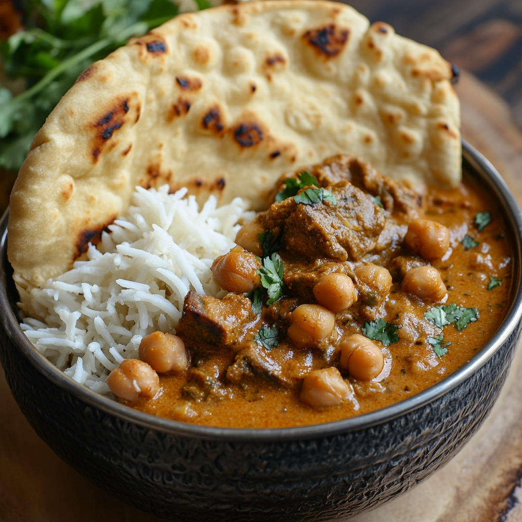 Coconut Lamb Curry with Chickpeas and Garlic Naan
