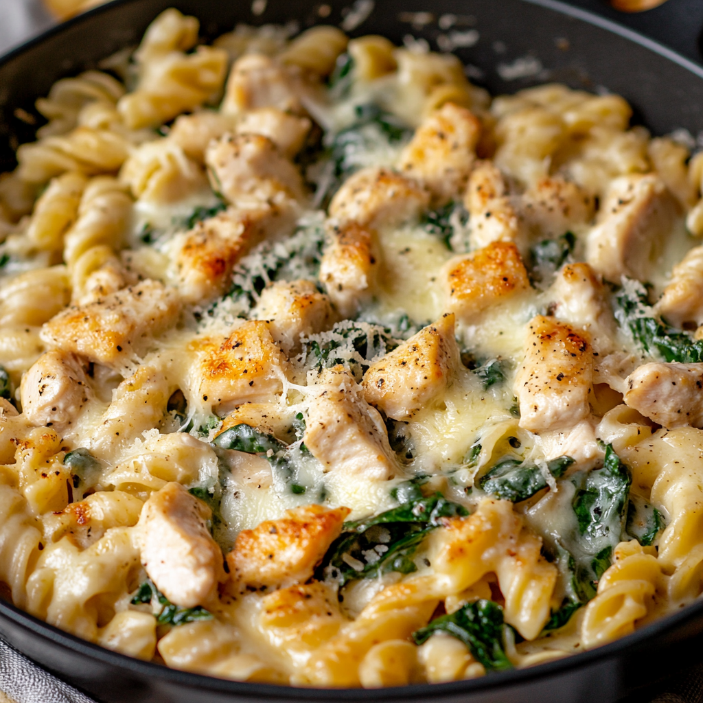 Creamy Chicken Pasta with Spinach, turkey Bacon, and Cheese