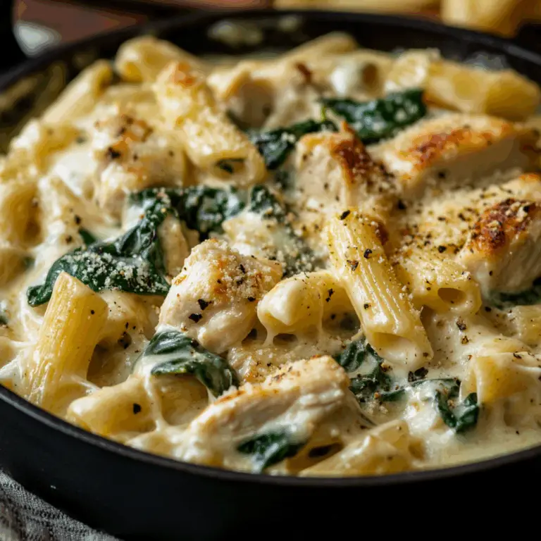 Creamy Chicken Pasta with Spinach, turkey Bacon, and Cheese