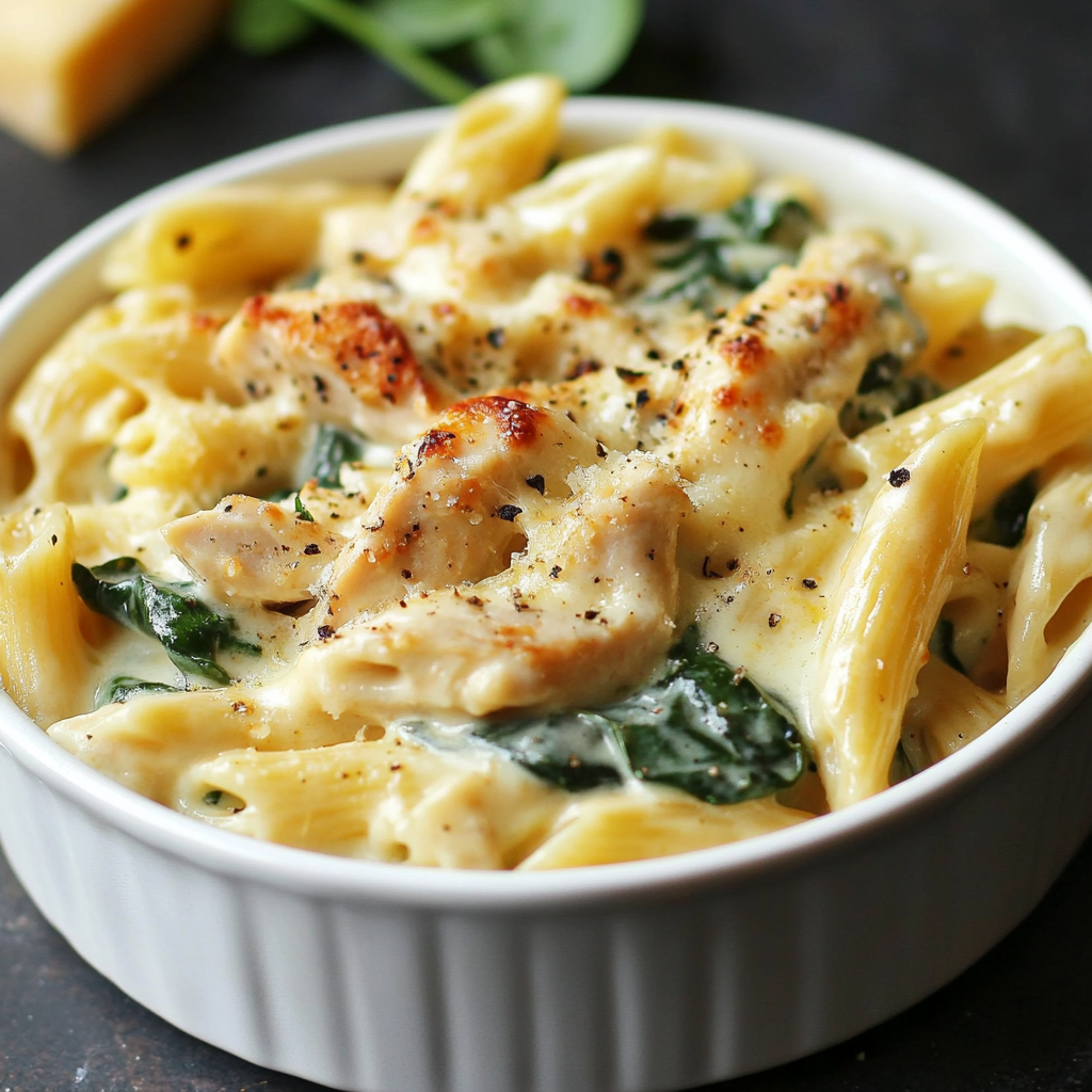 Creamy Chicken Pasta with Spinach, turkey Bacon, and Cheese
