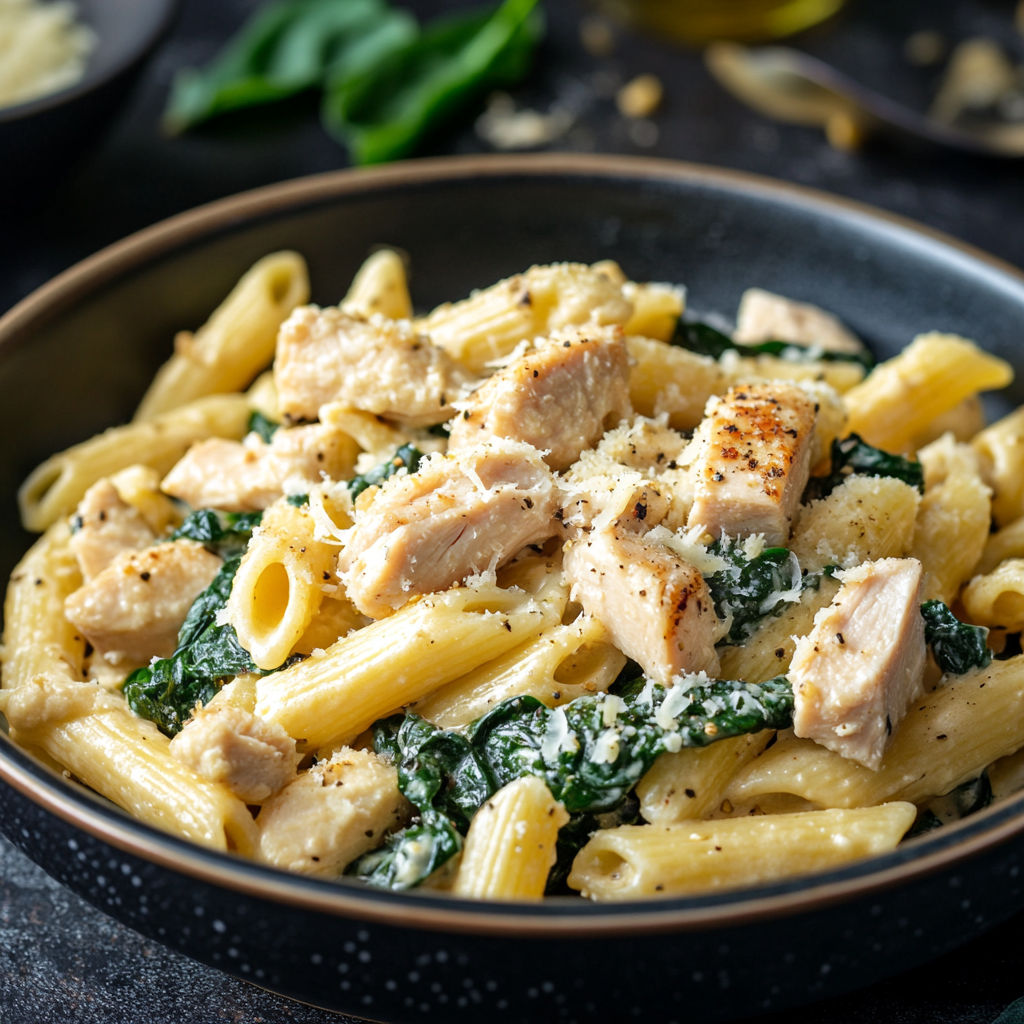 Creamy Chicken Pasta with Turkey Bacon and Spinach