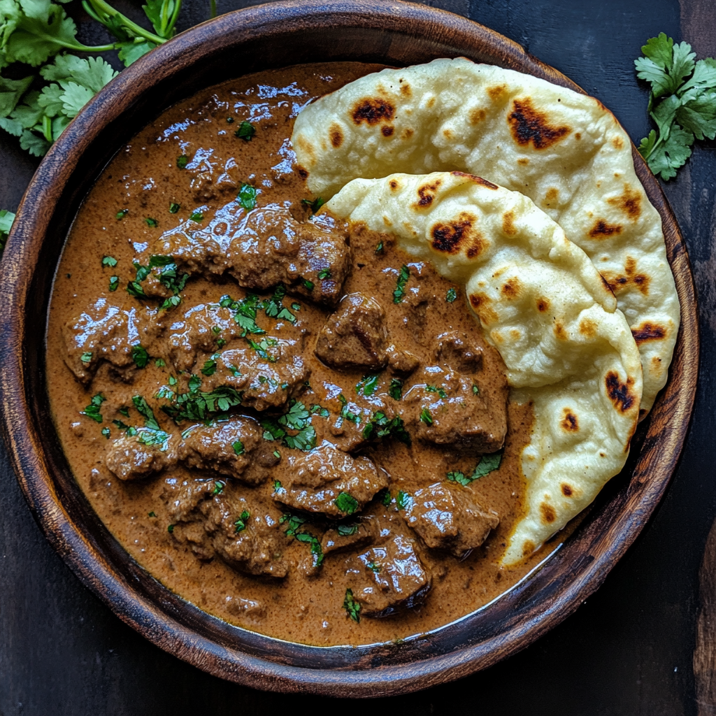 Slow-Cooked Beef Curry with Creamy Coconut Sauce & Garlic Naan