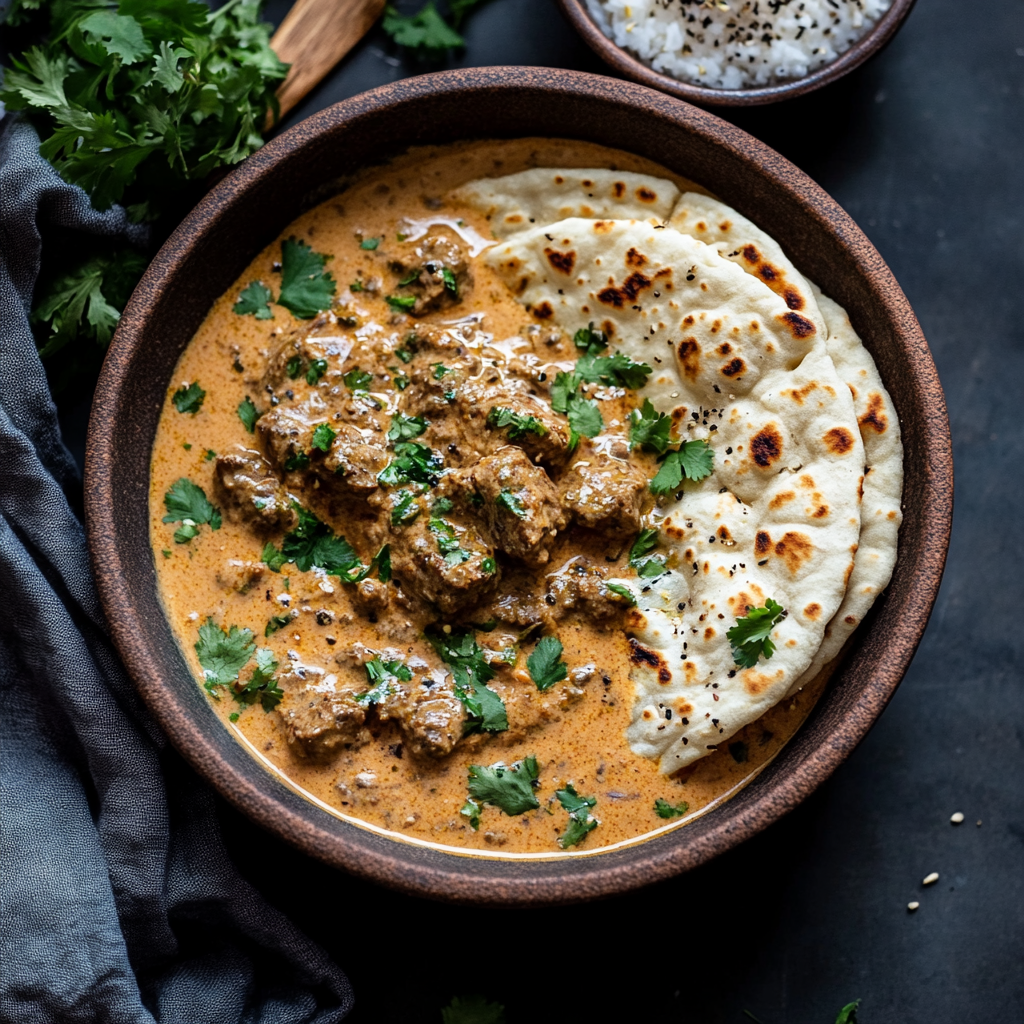 Slow-Cooked Beef Curry with Creamy Coconut Sauce & Garlic Naan