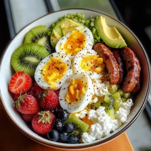 Colorful Cottage Cheese Breakfast Bowl with Soft-Boiled Eggs & Fruit