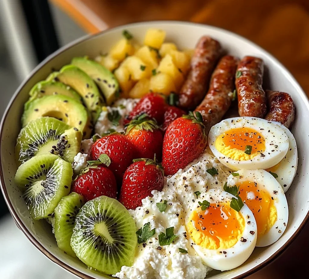 Colorful Cottage Cheese Breakfast Bowl with Soft-Boiled Eggs & Fruit