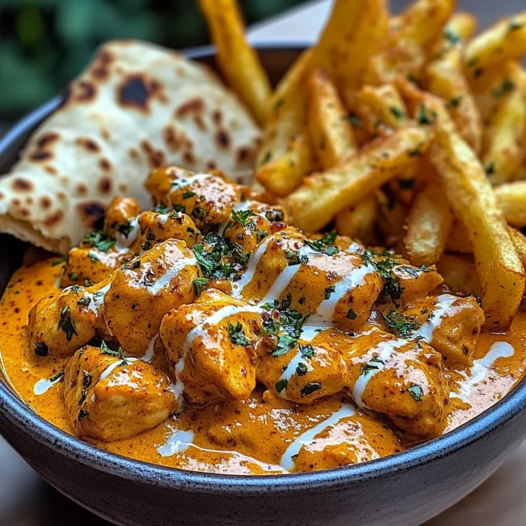 Creamy Butter Chicken with Garlic Drizzle, Fries & Warm Naan