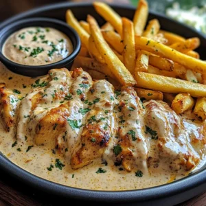 Creamy Butter Chicken with Garlic Drizzle, Golden Fries & Warm Naan
