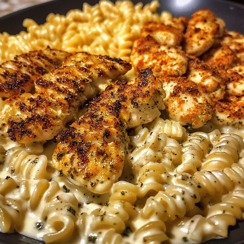 Garlic Parmesan Chicken Rotini in ThreeCheese Cajun Cream Sauce