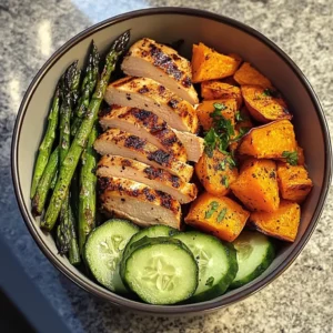 Grilled Chicken Bowl with Sweet Potato, Asparagus & Cucumber Medley