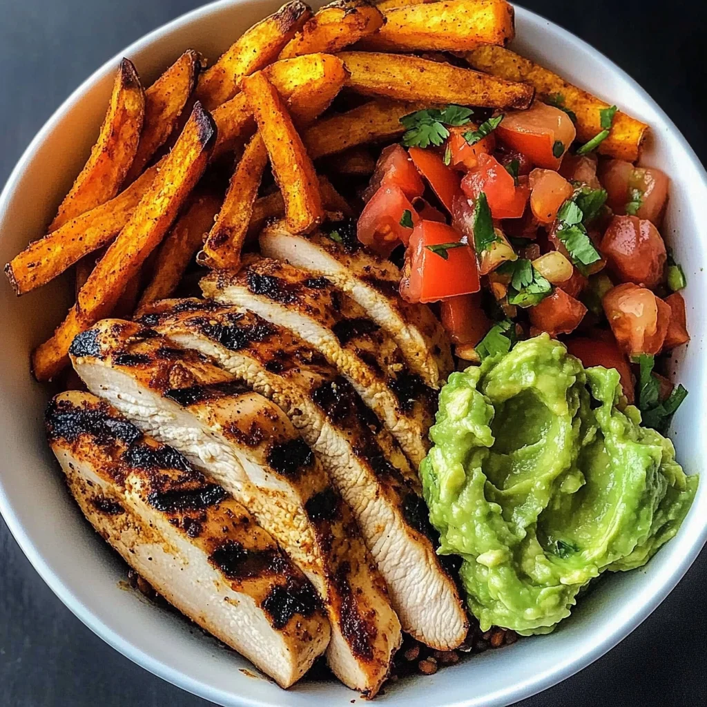 Grilled Chicken Power Bowl with Sweet Potato Fries & Guac