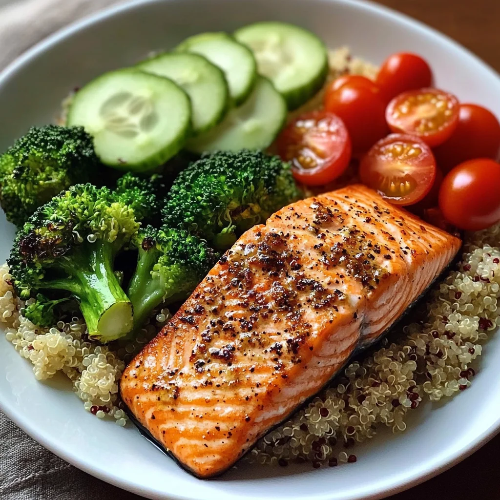 Grilled Salmon Power Plate with Quinoa & Steamed Veggies