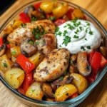 Loaded Garlic Butter Chicken with Roasted Veggies & Creamy Dip