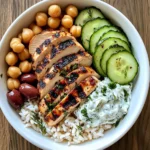 Mediterranean Grilled Chicken Bowl with Rice, Chickpeas & Tzatziki