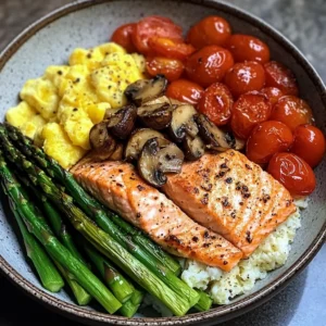 Salmon Power Bowl with Scrambled Eggs, Asparagus & Sauted Mushrooms