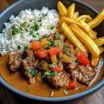 Slow-Cooked Beef Coconut Curry with Rice & Crispy Fries