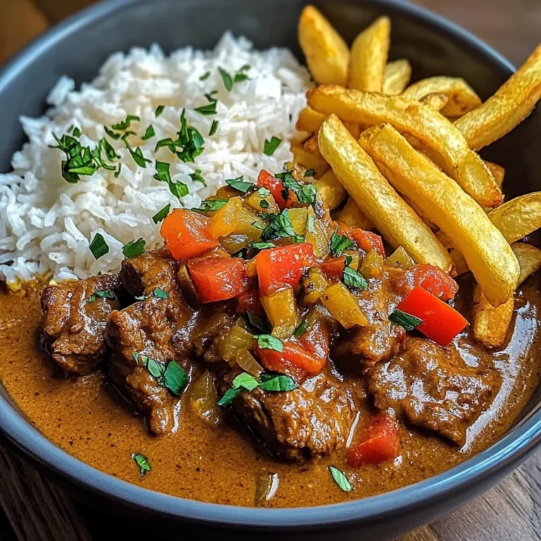 Slow-Cooked Beef Coconut Curry with Rice & Crispy Fries