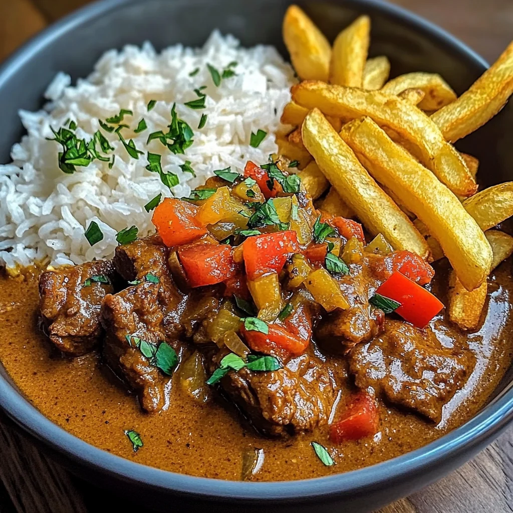 Slow-Cooked Beef Coconut Curry with Rice & Crispy Fries