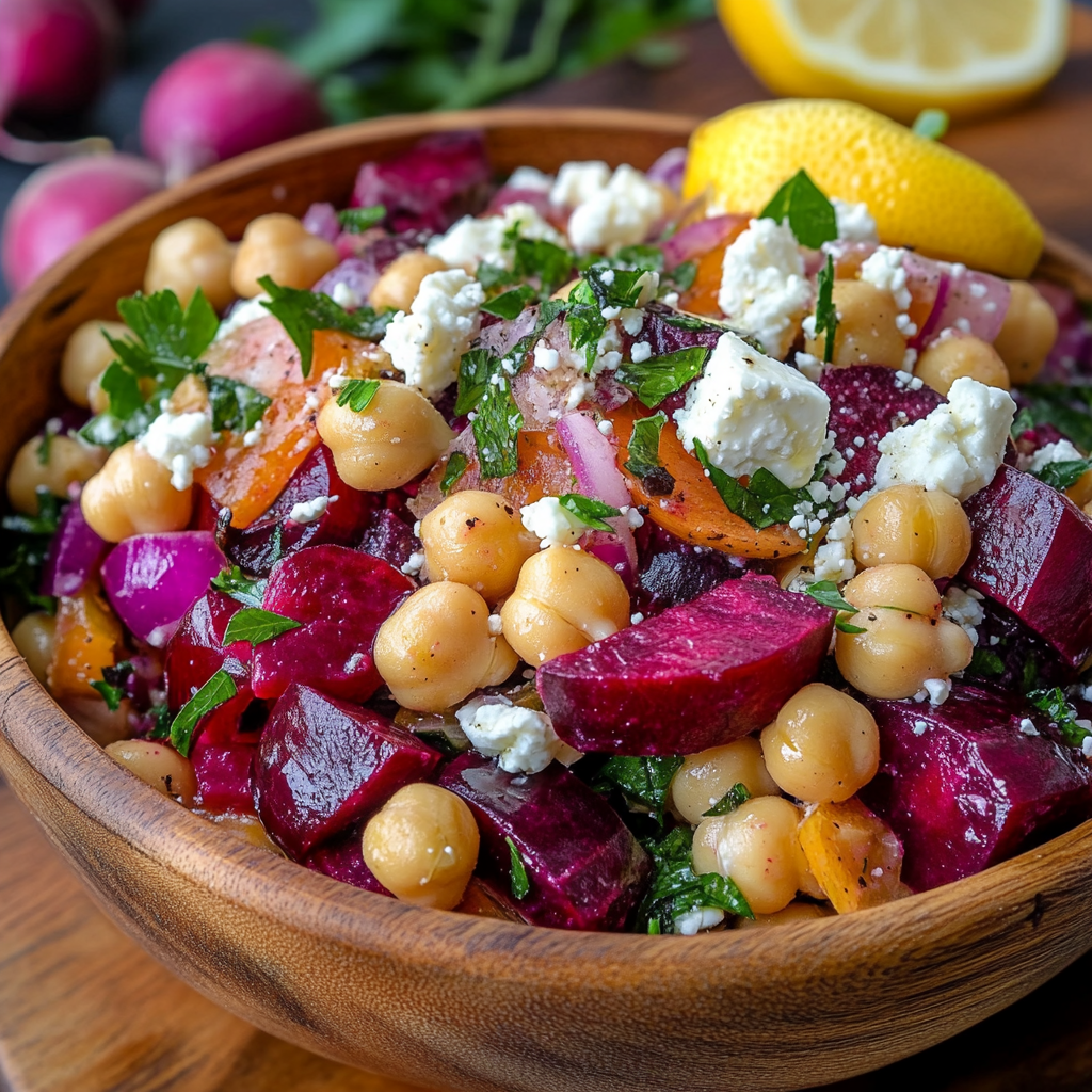 Chickpea Beet Feta Salad with Lemon-Garlic Vinaigrette – A Vibrant & Flavorful Delight