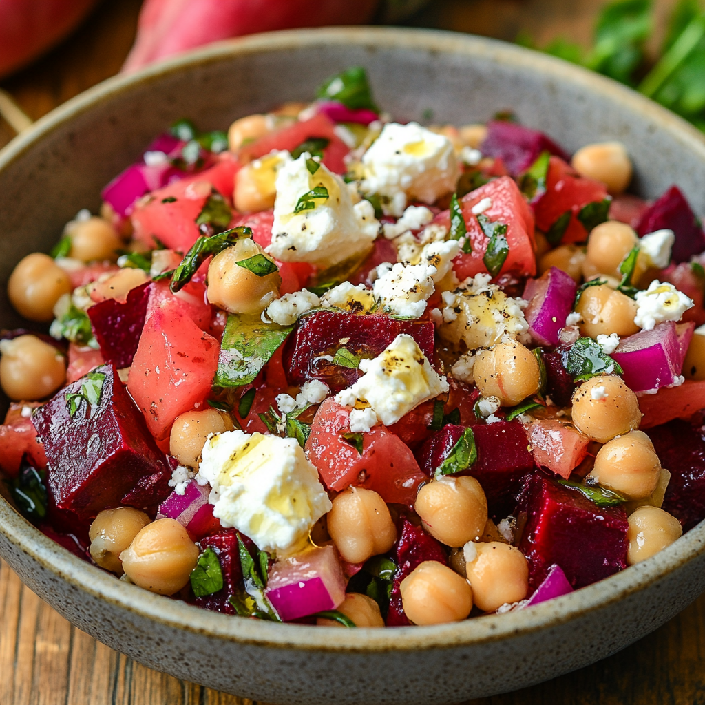 Chickpea Beet Feta Salad with Lemon-Garlic Vinaigrette – A Vibrant & Flavorful Delight