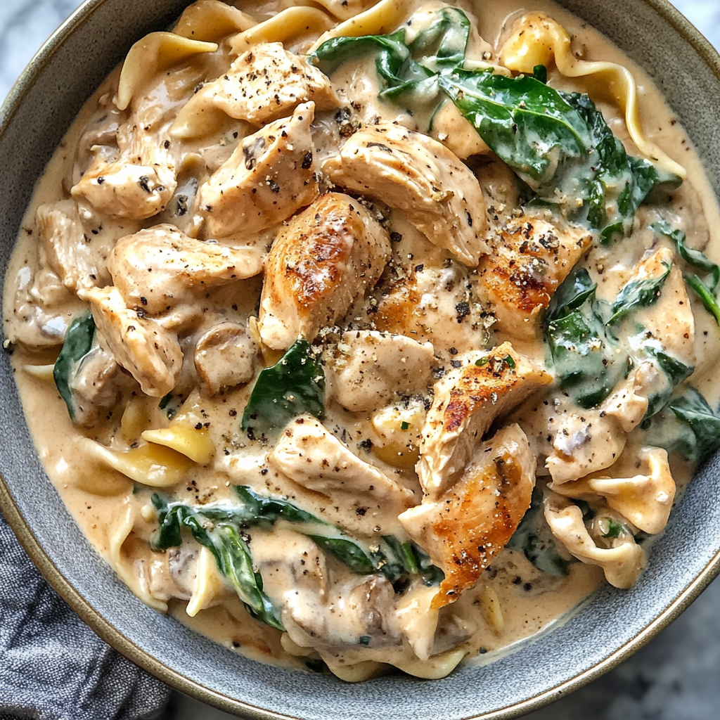 Creamy Chicken Stroganoff with Spinach and Crispy turkey Bacon