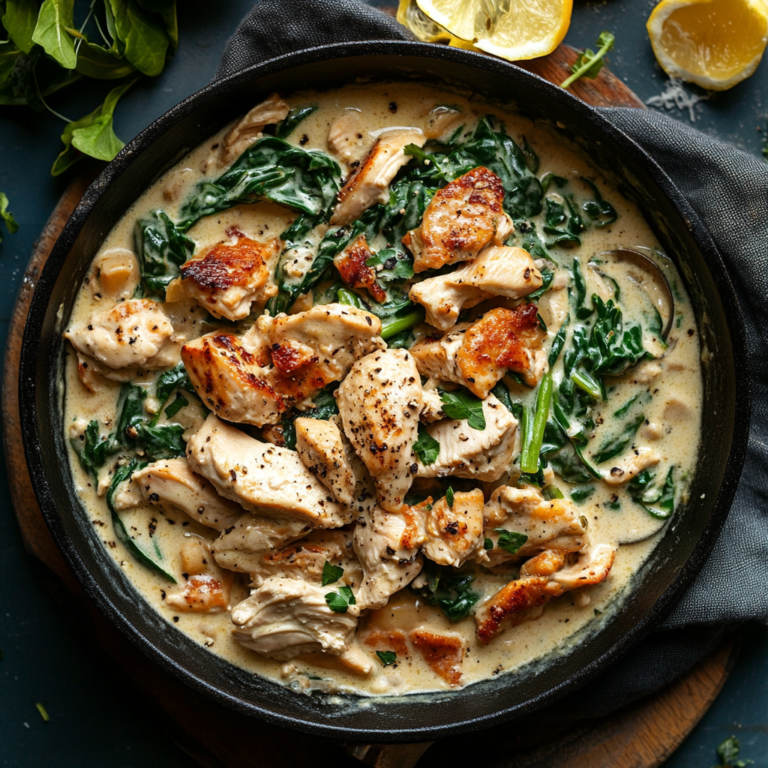 Creamy Chicken Stroganoff with Spinach and Crispy turkey Bacon