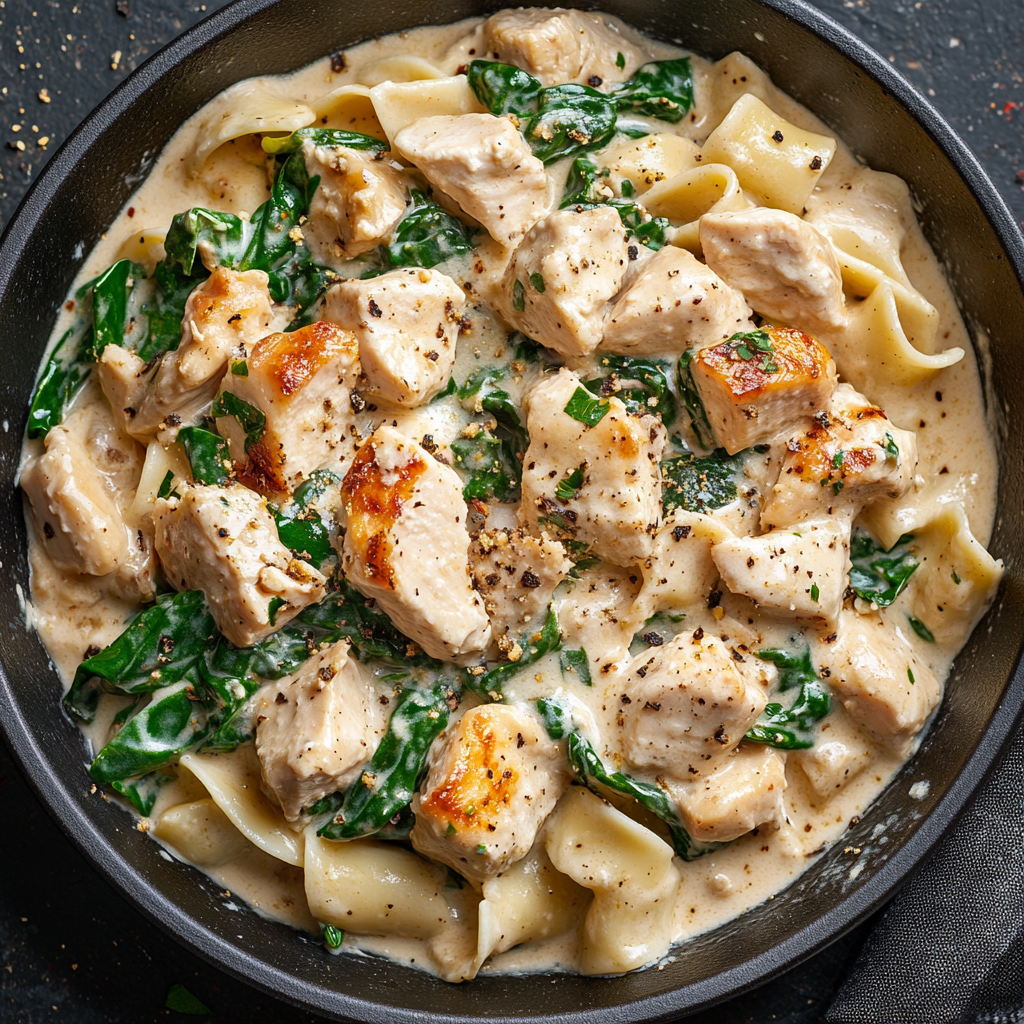 Creamy Chicken Stroganoff with Spinach and Crispy turkey Bacon