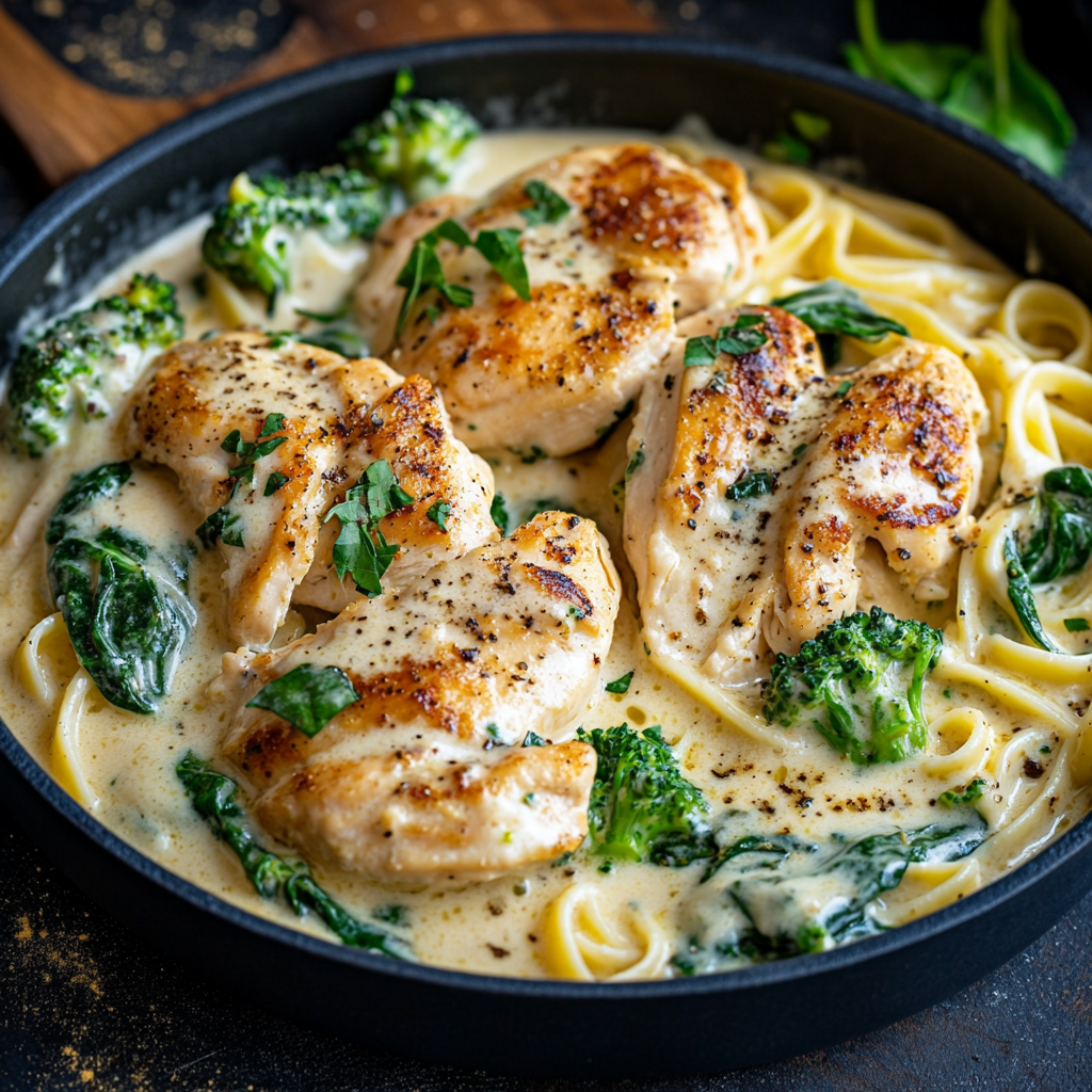 Creamy Garlic Butter Chicken Alfredo with Crispy turkey Bacon, Spinach & Broccoli