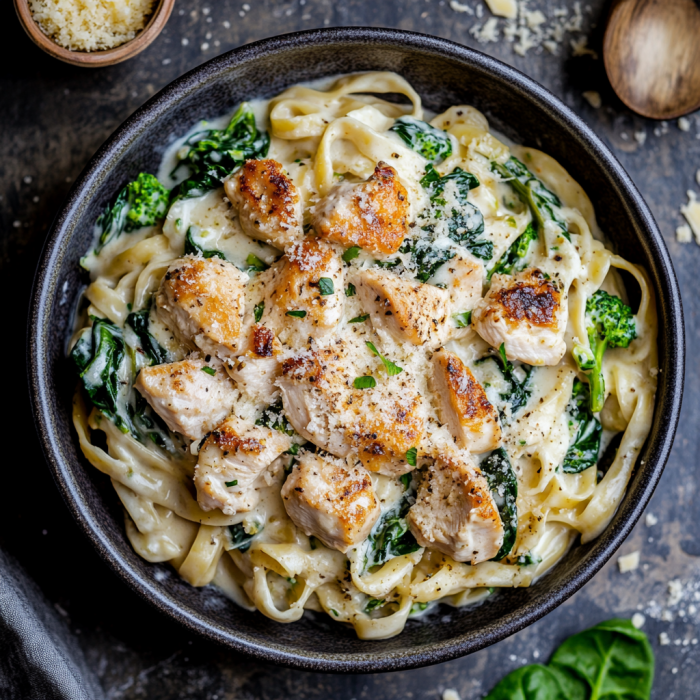 Creamy Garlic Butter Chicken Alfredo with Crispy turkey Bacon, Spinach & Broccoli
