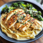 Creamy Garlic Butter Chicken Alfredo with Crispy turkey Bacon, Spinach & Broccoli