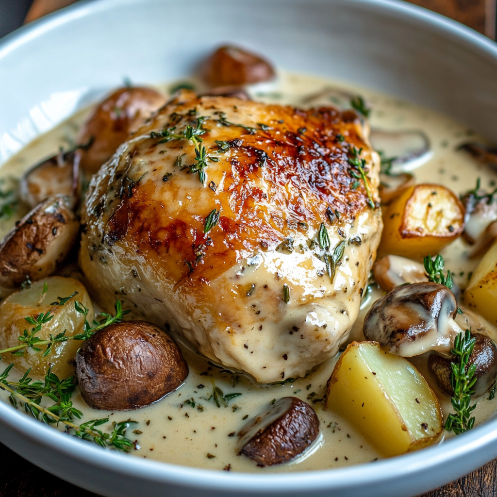 Herb Roasted Chicken in Creamy White Sauce with Mushroom and Potatoes: An Incredible Ultimate Recipe