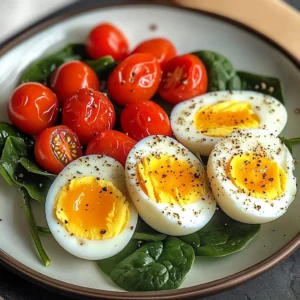 Boiled Eggs with Sautéed Cherry Tomatoes & Spinach