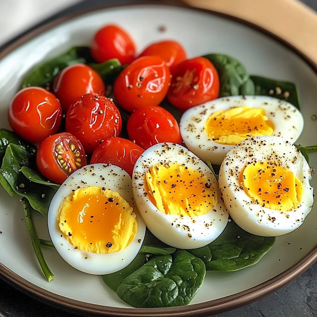 Boiled Eggs with Sautéed Cherry Tomatoes & Spinach