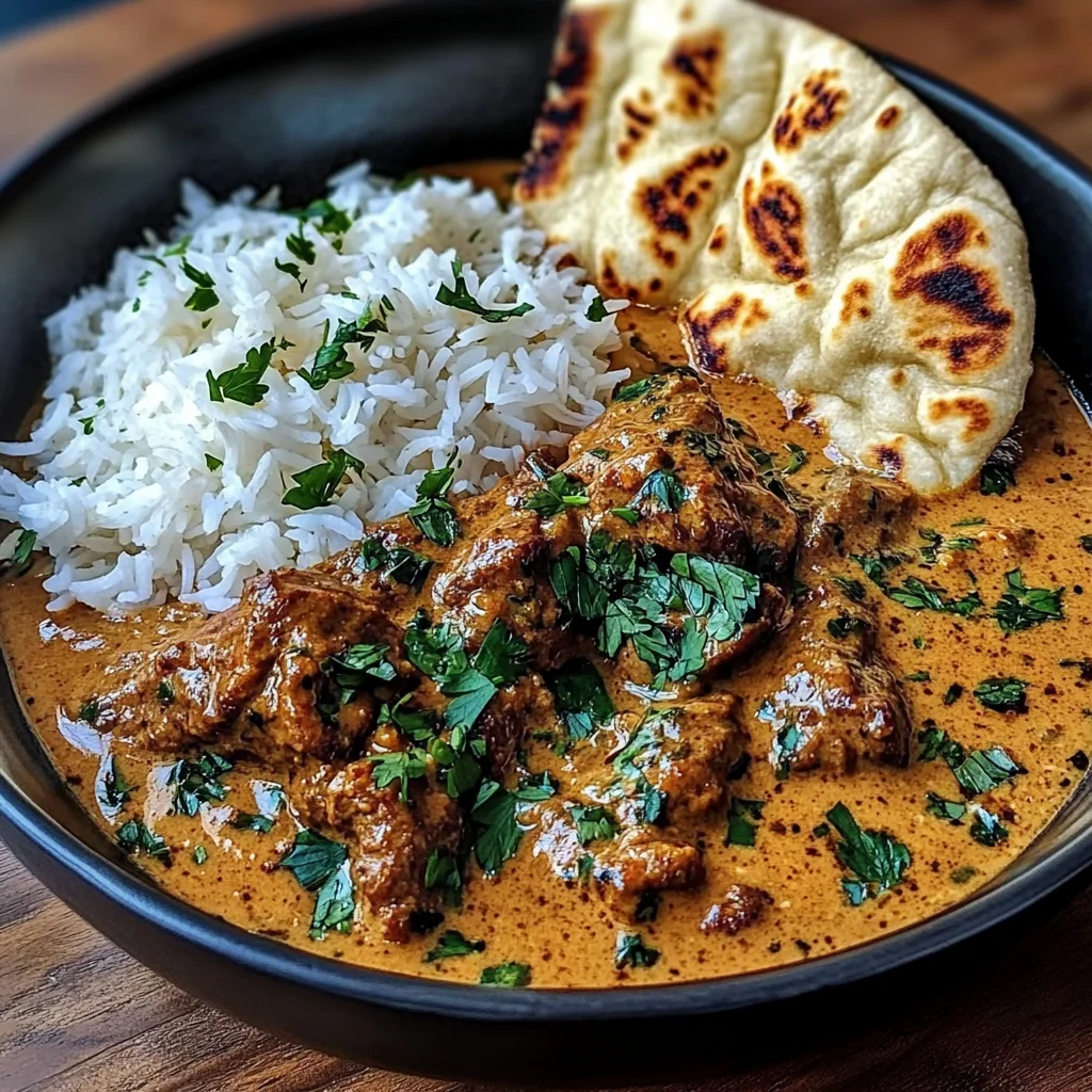 Coconut-Curry Braised Beef with Jasmine Rice & Garlic Naan