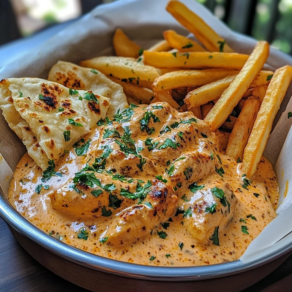 Creamy Butter Chicken with Garlic Drizzle, Golden Fries & Warm Naan