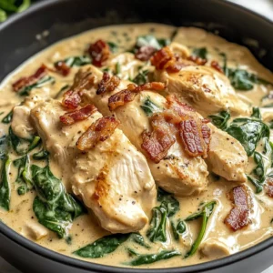 Creamy Chicken Stroganoff with Crispy Bacon and Wilted Spinach