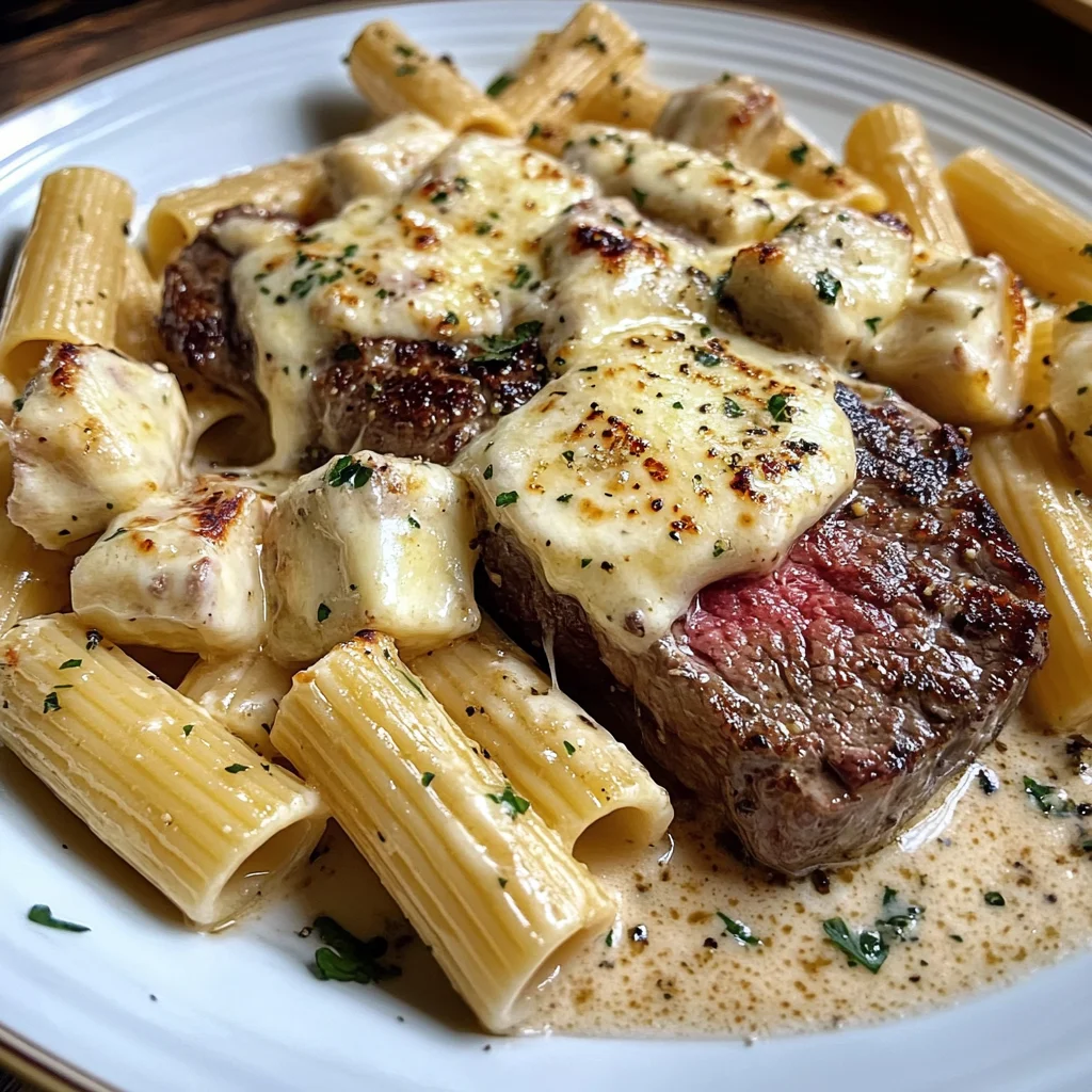 Garlic Cream Steak with Rigatoni in Provolone Cream Sauce