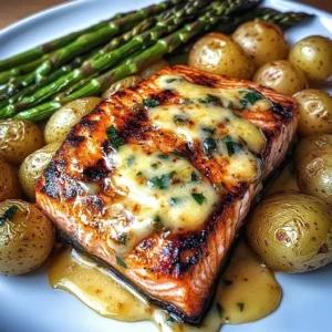 Grilled Salmon with Garlic Potatoes & Cheesy Asparagus