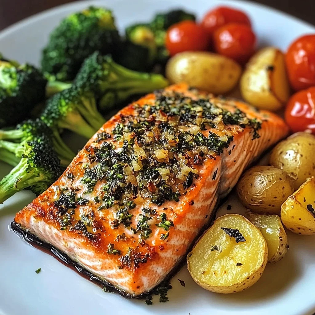 Herb-Crusted Salmon Plate with Garlic Potatoes & Veggies