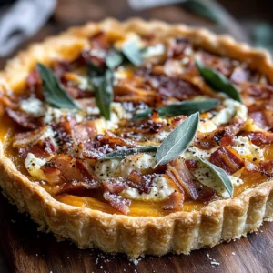 Pumpkin, Ricotta & Caramelized Onion Tart with Turkey Bacon and Sage